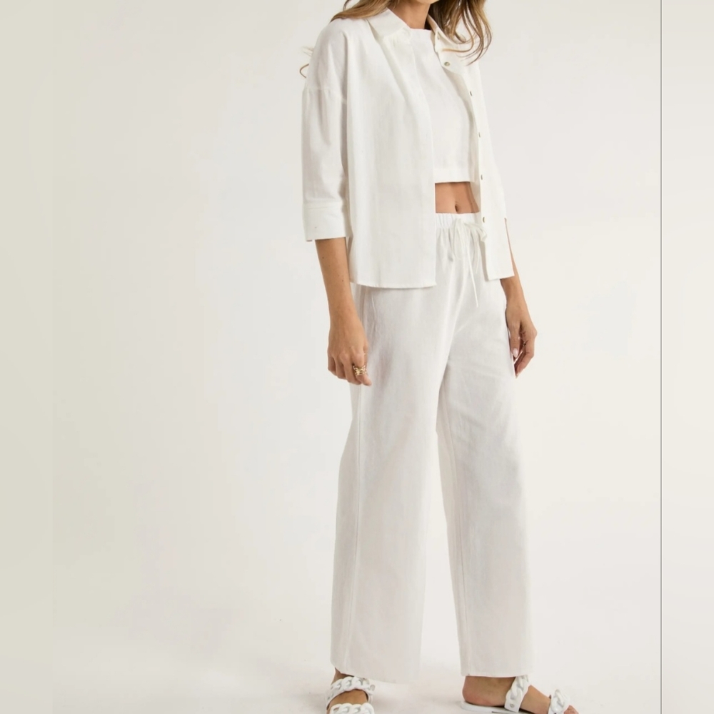 065 LAST 1 NEW! 3PCS Set Crop Inner Top W/ Full Length Pants & Button Down Shirt - Picture 3 of 8